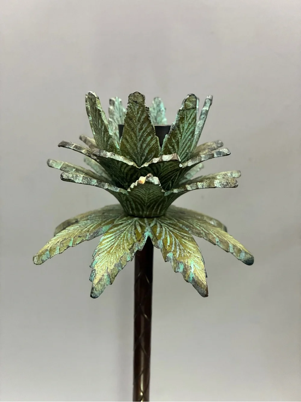 Vintage Metal Palm Tree Candlestick in Green and Bronze Height 16,5”